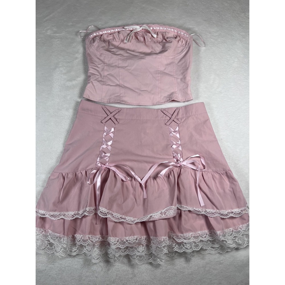 Garage Skirt Set Womens Pink Lace Ruffle Bow Top Y2K Party Corset Cute